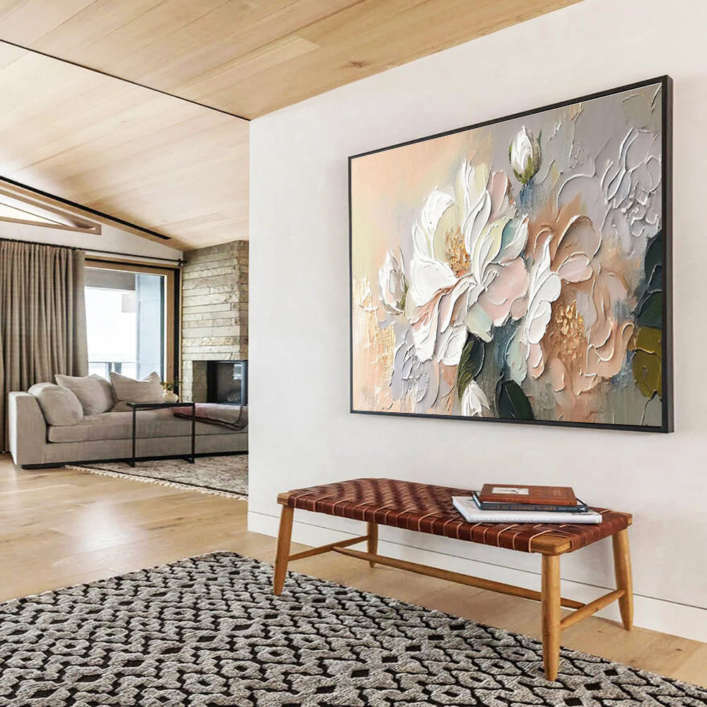 “Soft Blossom Touch” - White, Pink, Beige Textured Floral Impasto Painting On Canvas DKH713