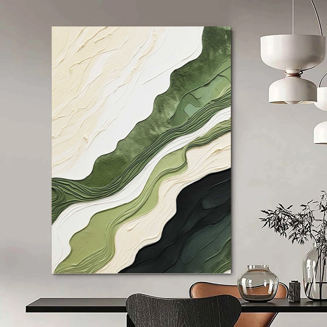 Layered Green and Beige Abstract Landscape - Abstract Painting On Canvas DKH1486