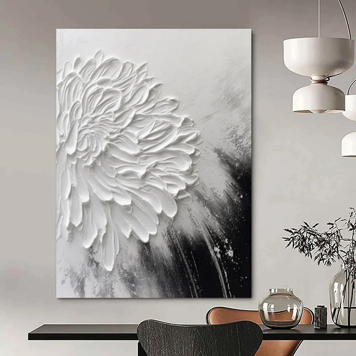 “Textured White Flower” - Black & White Floral Painting On Canvas CT2216