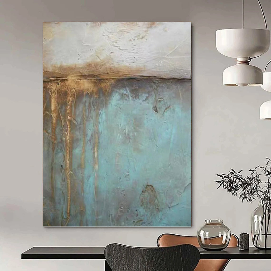 “Rustic Blue & Brown Textures” - Teal, Brown & Gray Abstract Textured Painting On Canvas DKH1191