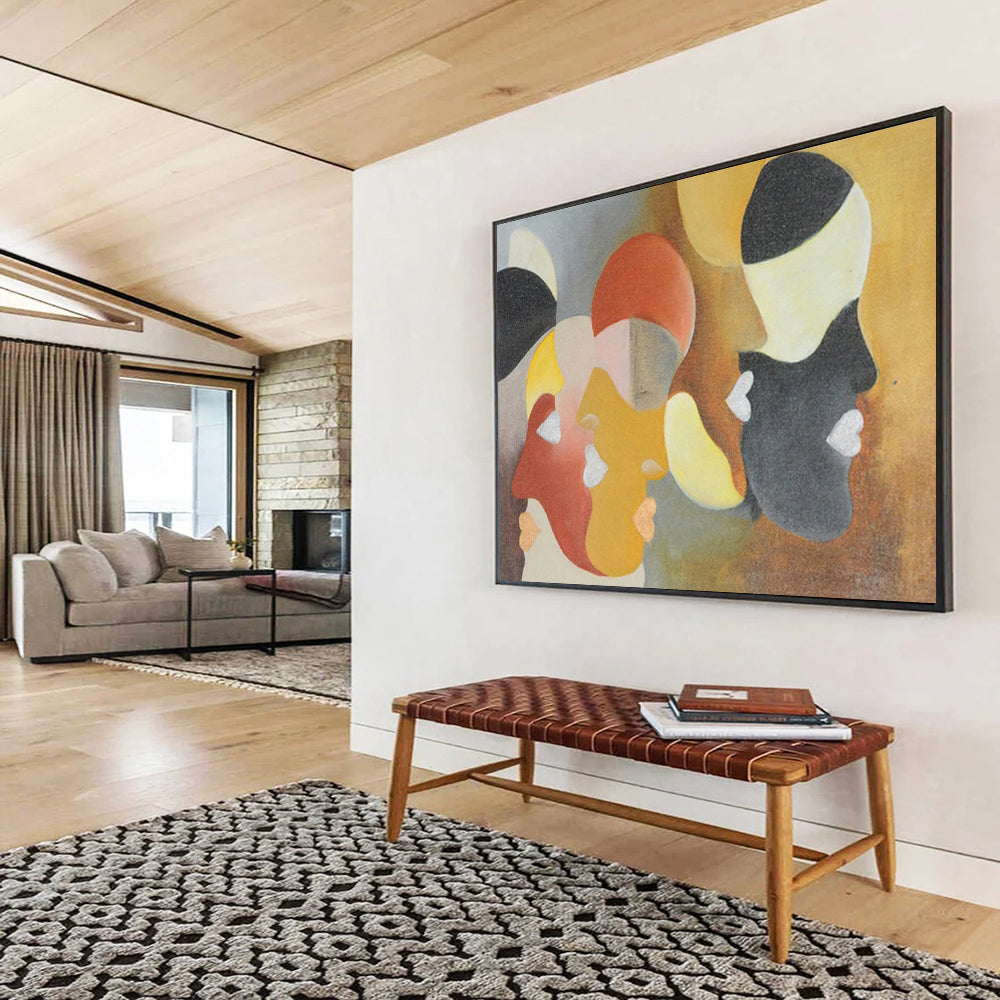 “Geometric Faces in Muted Hues - Reds, Yellows, and Blacks” Painting On Canvas DKH003