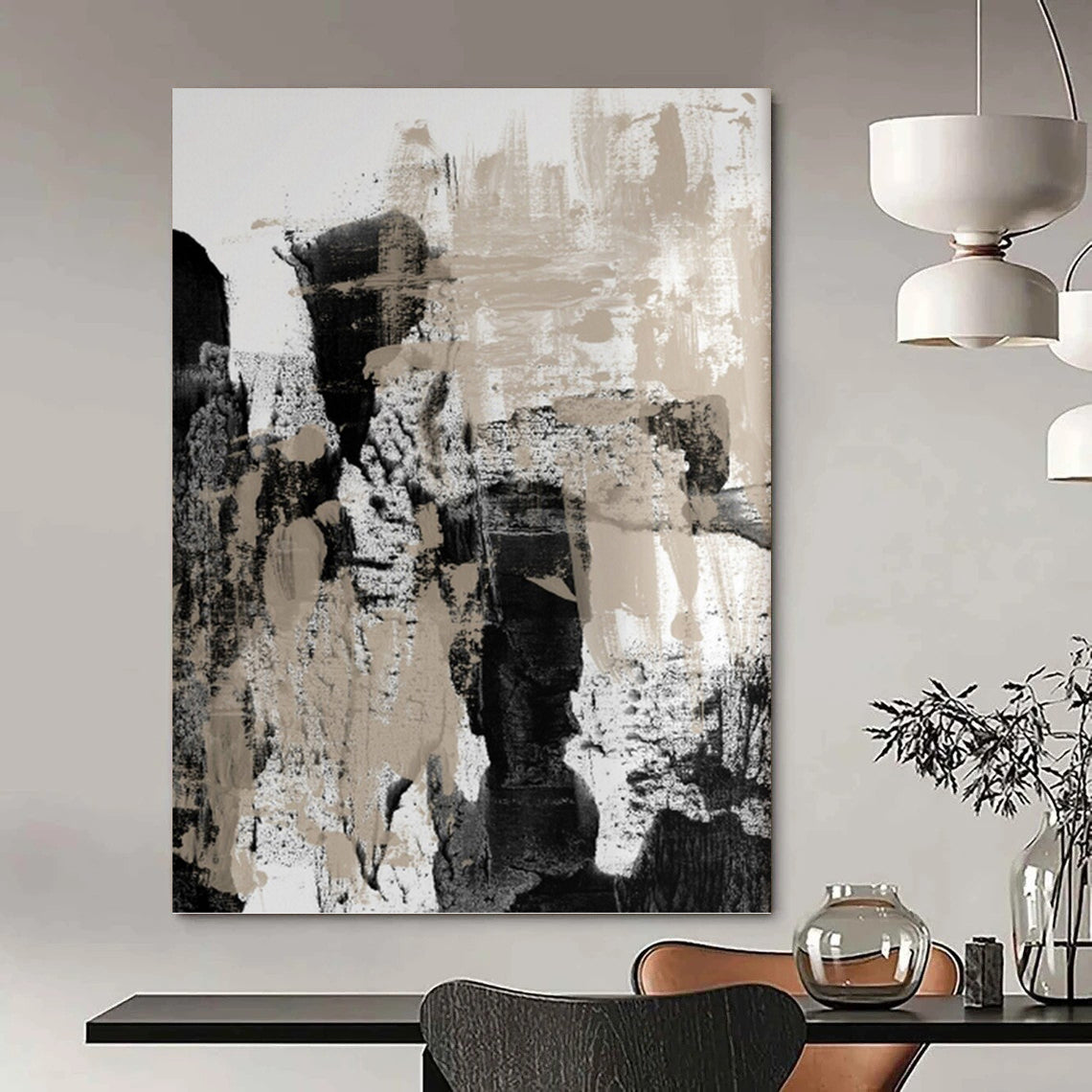 “Monochrome Abstract Strokes” - Black, White & Beige Textured Painting On Canvas DKH0966