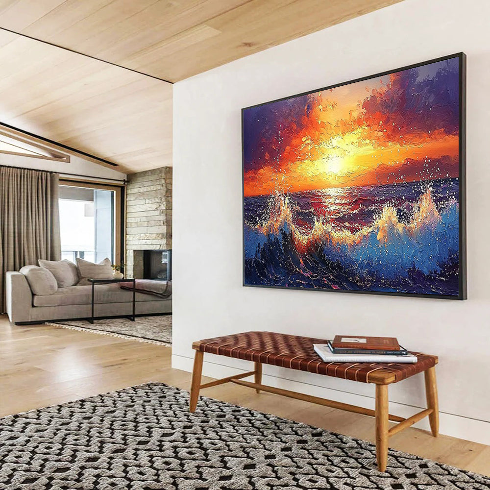 “Fiery Sunset Sea” Romanticism - inspired Seascape Painting On Canvas DLZ165