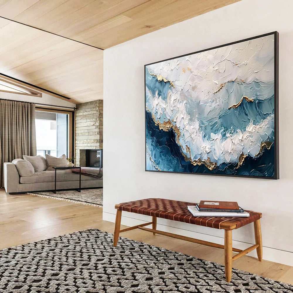 Textured Blue and Gold “Elegant Ocean Waves” Painting On Canvas DKH156