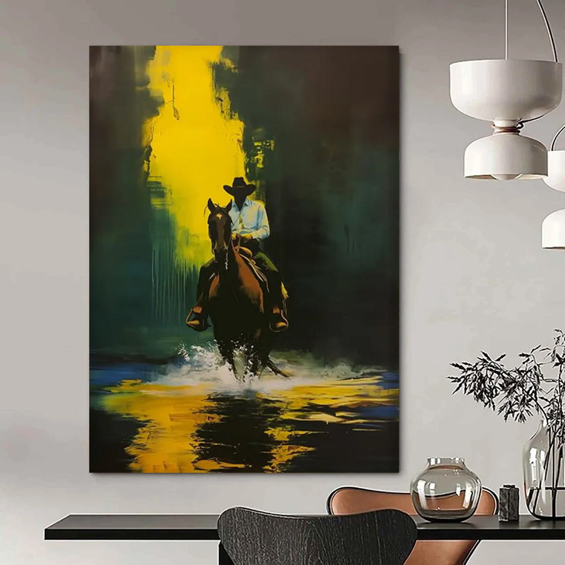 “Cowboy on Horse in Yellow - Green” - Dramatic Western - Inspired Painting On Canvas DTP104