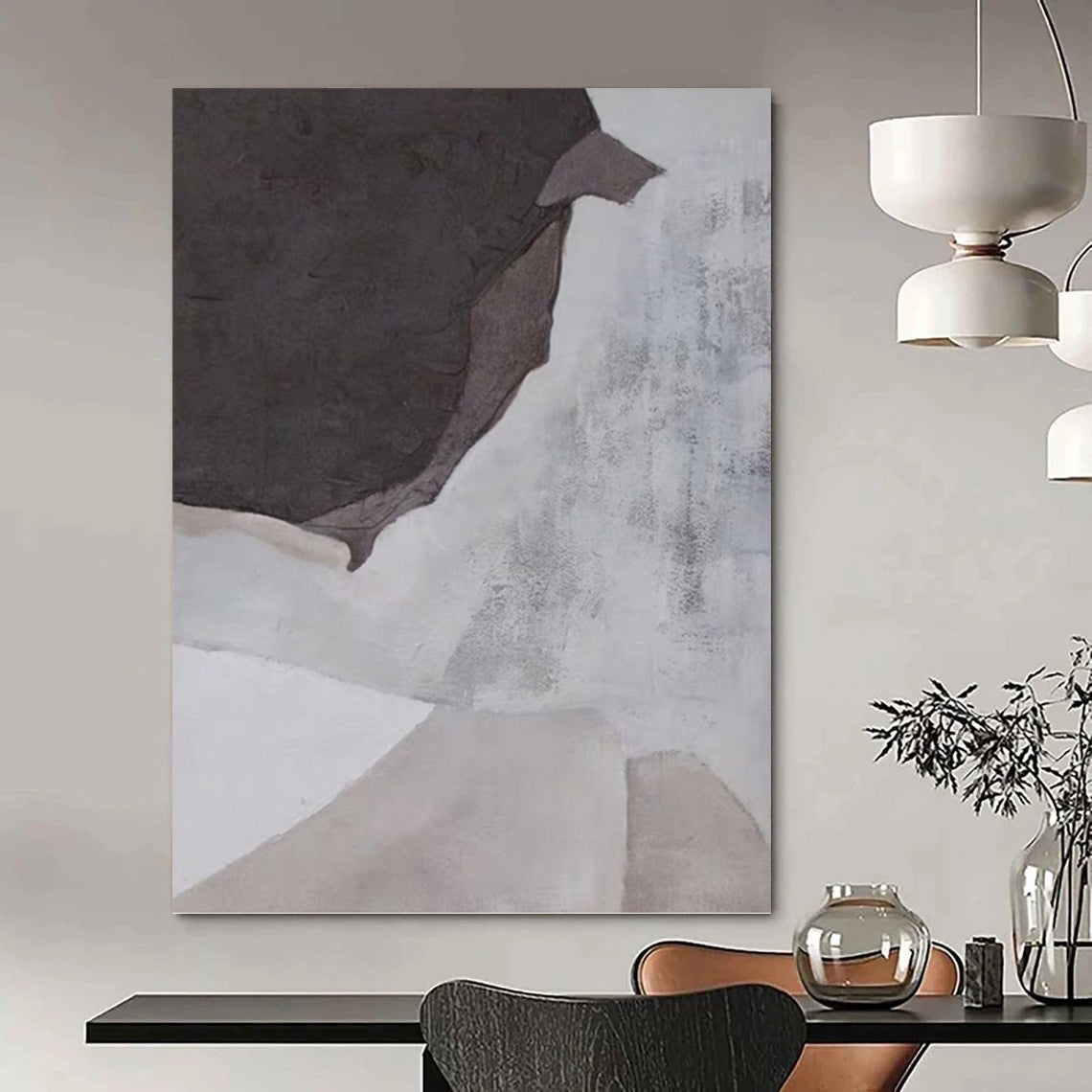 “Muted Tones Abstract” - Gray & White Textured Shapes Painting On Canvas DKH1182
