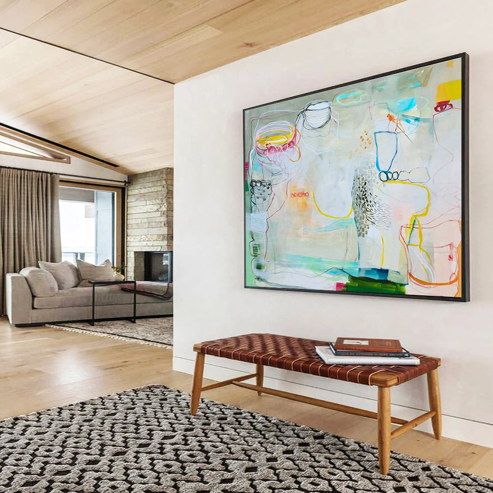 Mixed - Color Abstract with Linear Elements “Whimsical Line Play” Painting On Canvas DKH071