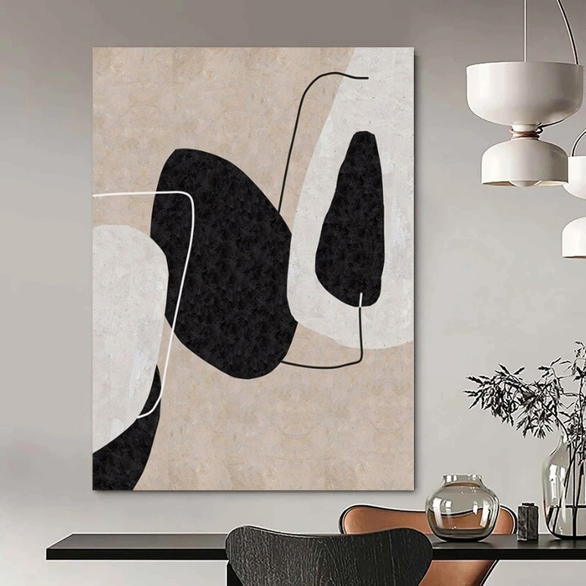 “Beige, Black, and White Geometric Assemblage” – Minimalist Geometric Painting CT1121