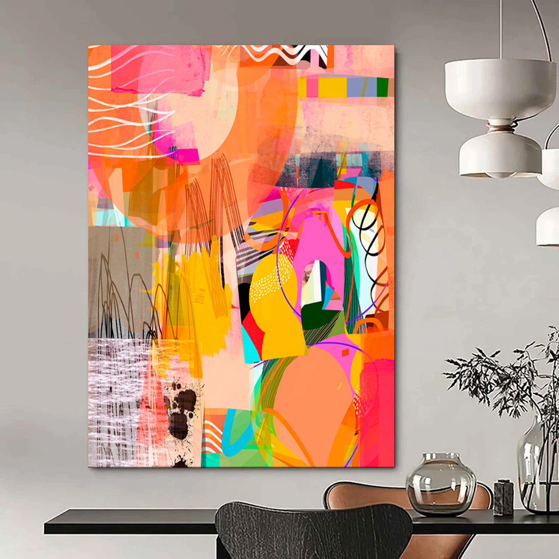 Vibrant Geometric Collage, Playful Shapes - "Color Carnival Collage" - Mixed - media Abstract Art CT1841