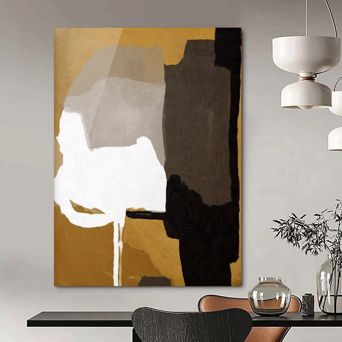 “Geometric Color Blocks” - Gold, Gray, White, Black Abstract Painting On Canvas DTP236