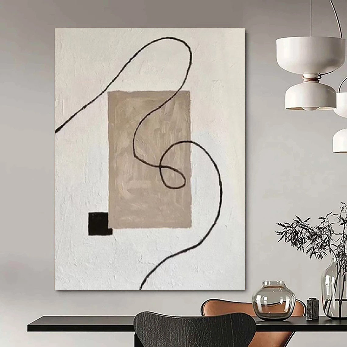 Minimalist Beige, Black, and Line Abstract - Abstract Painting On Canvas DKH1327