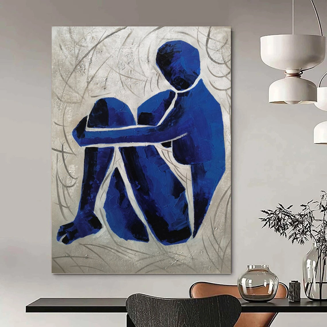 “Contemplative Blue” - Blue and Gray Abstract Figure Painting On Canvas DKH1569