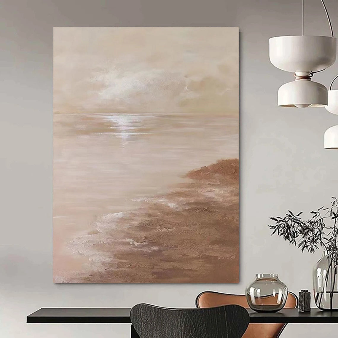 “Beige, Brown Serene Sea ‘Tranquil Horizon’” - Impasto Seaside Painting On Canvas DTP341