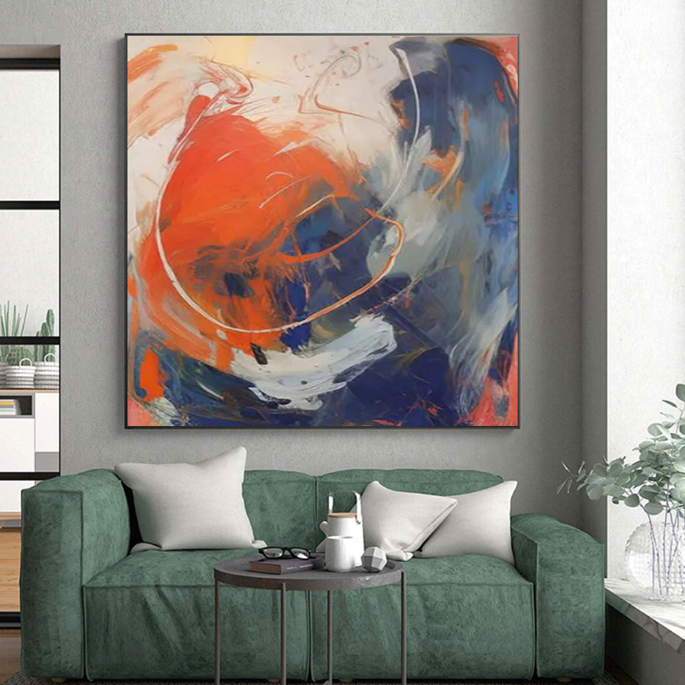 “Orange - Blue - White Abstract Swirls” ,Abstract Acrylic Painting CT0843