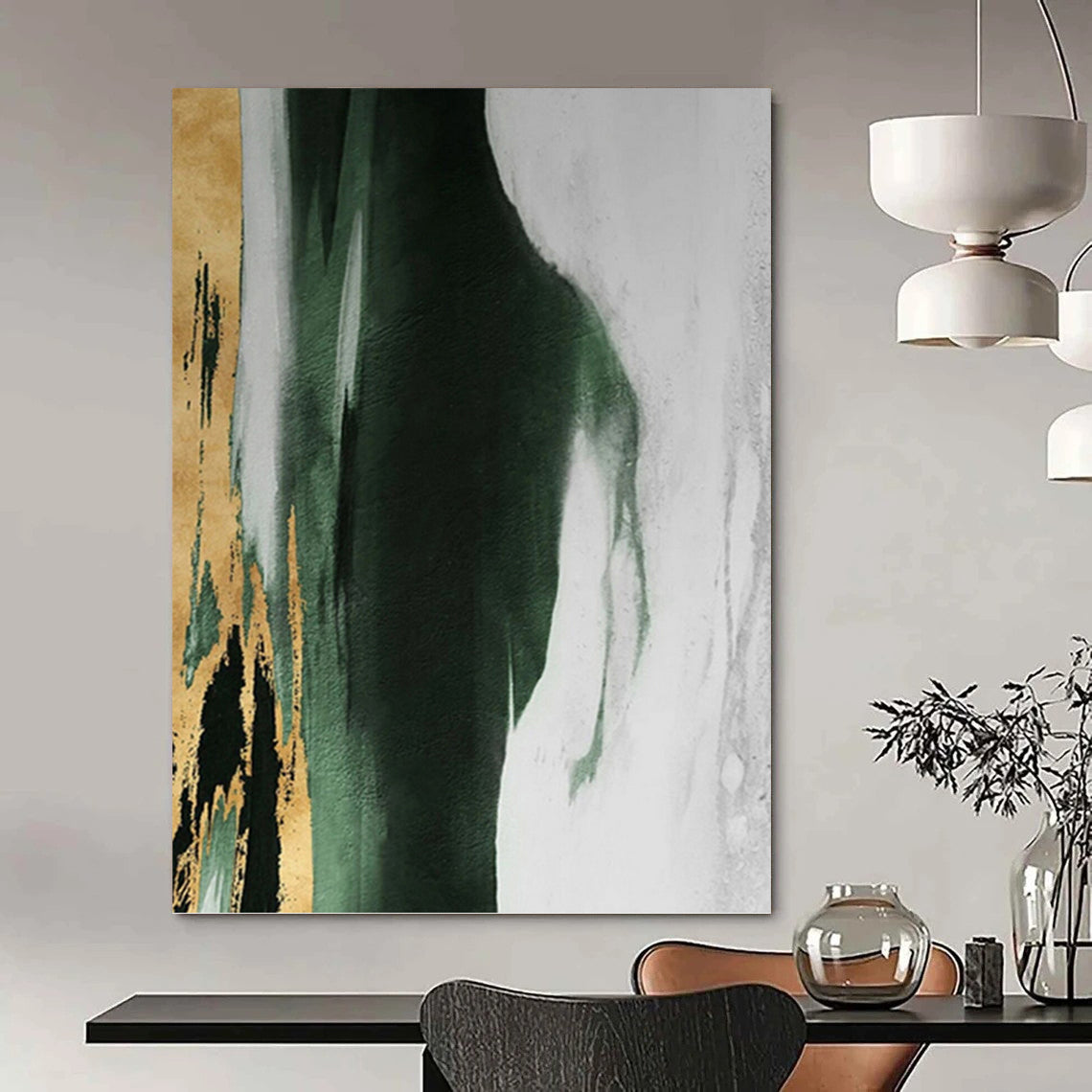 “Gold, Green & White Abstract” - Gold, Green, White & Black Abstract Painting On Canvas DKH1204