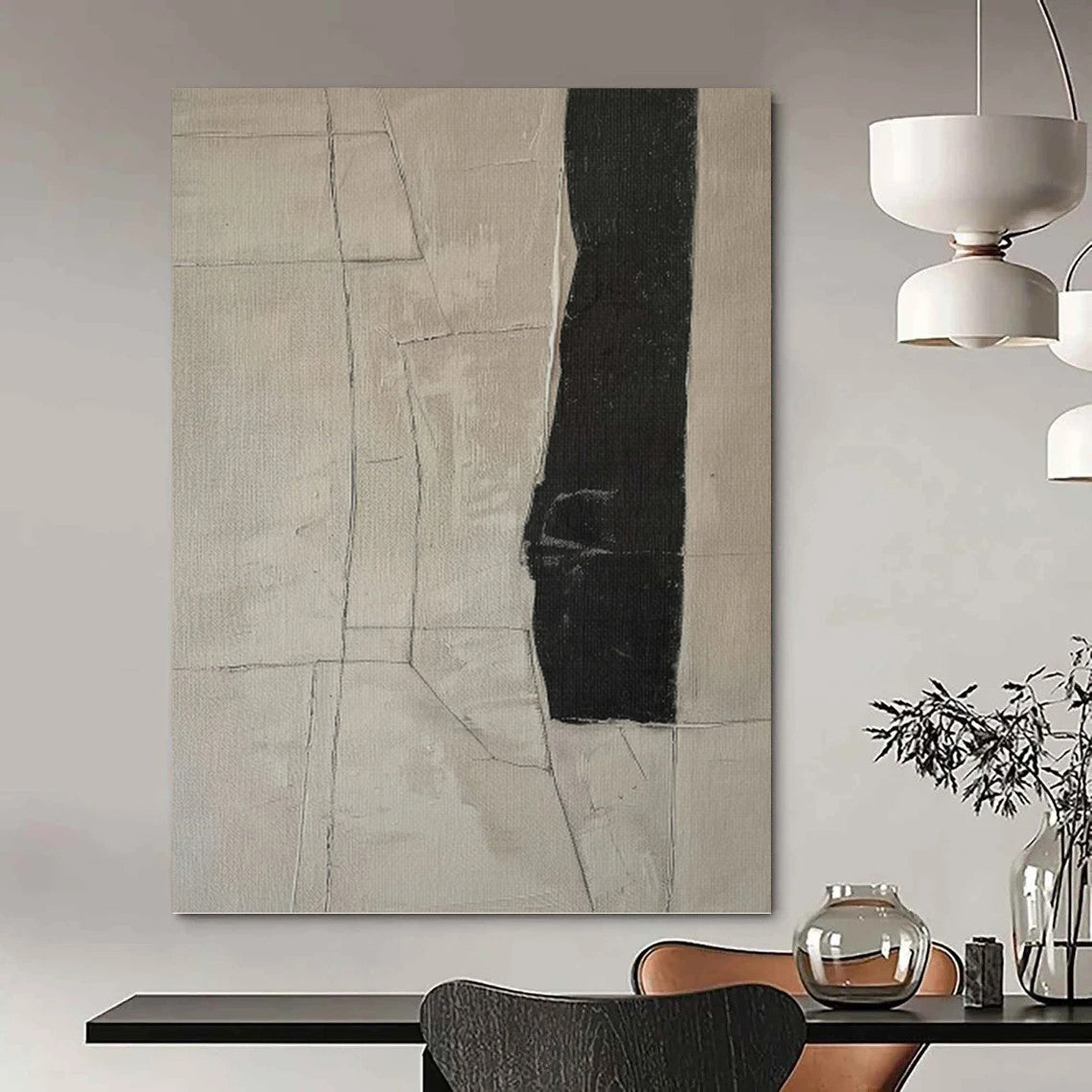 “Monochrome Cracks” - Beige & Black Geometric Lines Painting On Canvas DKH1158