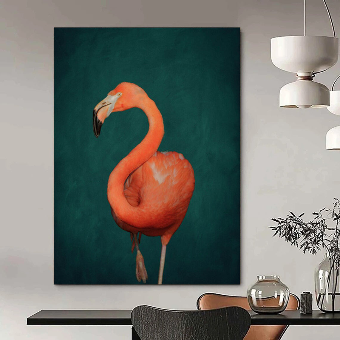 Vibrant Orange Flamingo Dark Green Realist Stylized Wildlife Art CT1920