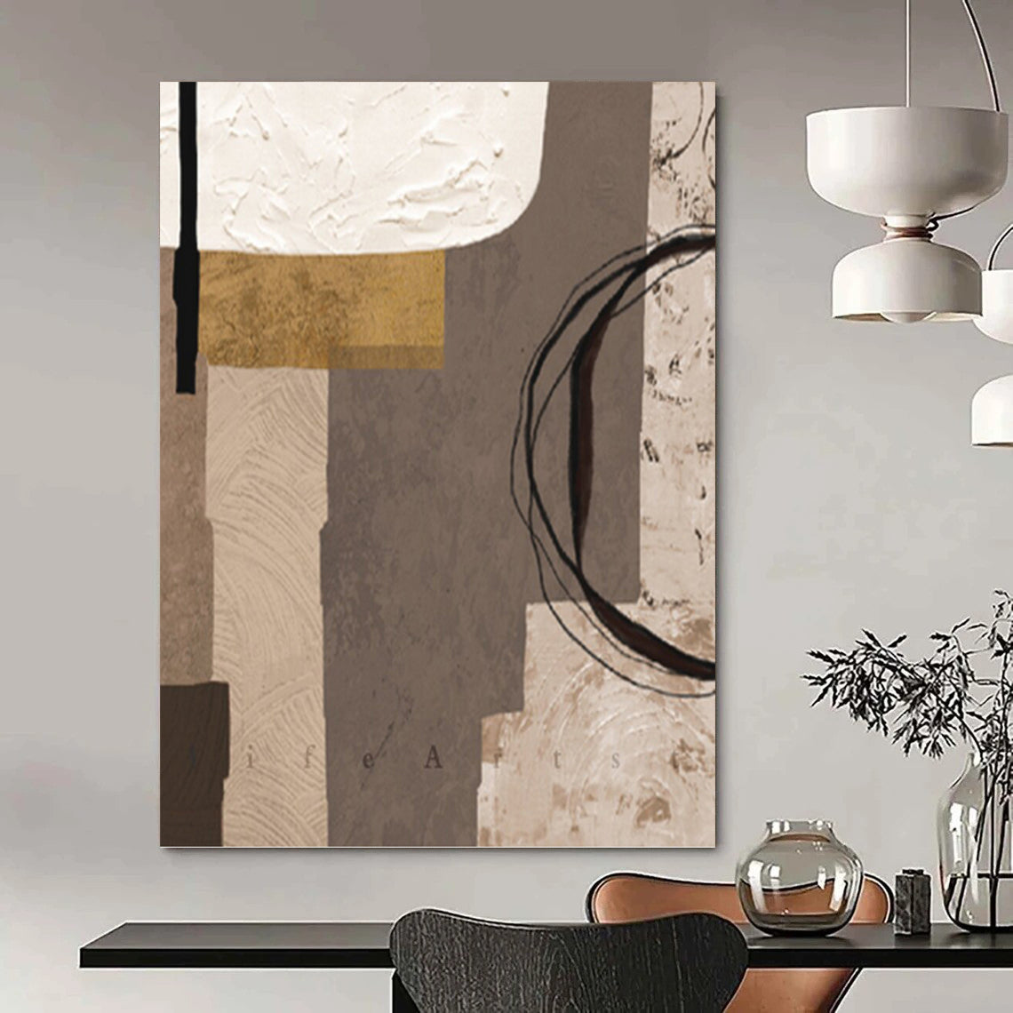 “Neutral Collage” - Brown, Gray & Gold Geometric Shapes Painting On Canvas DKH1516