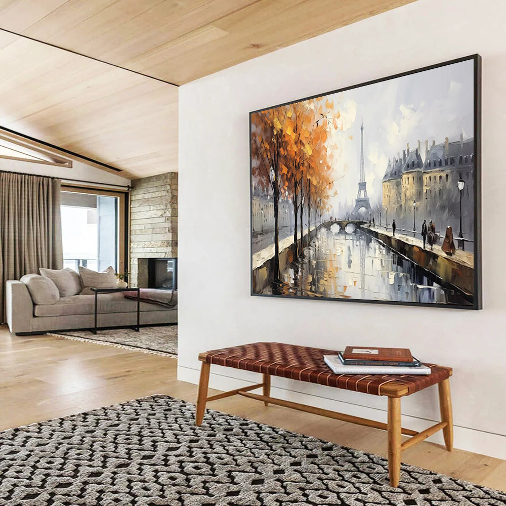 Autumn Paris River Scene with Eiffel Tower - Impressionist Landscape Painting On Canvas DLZ171