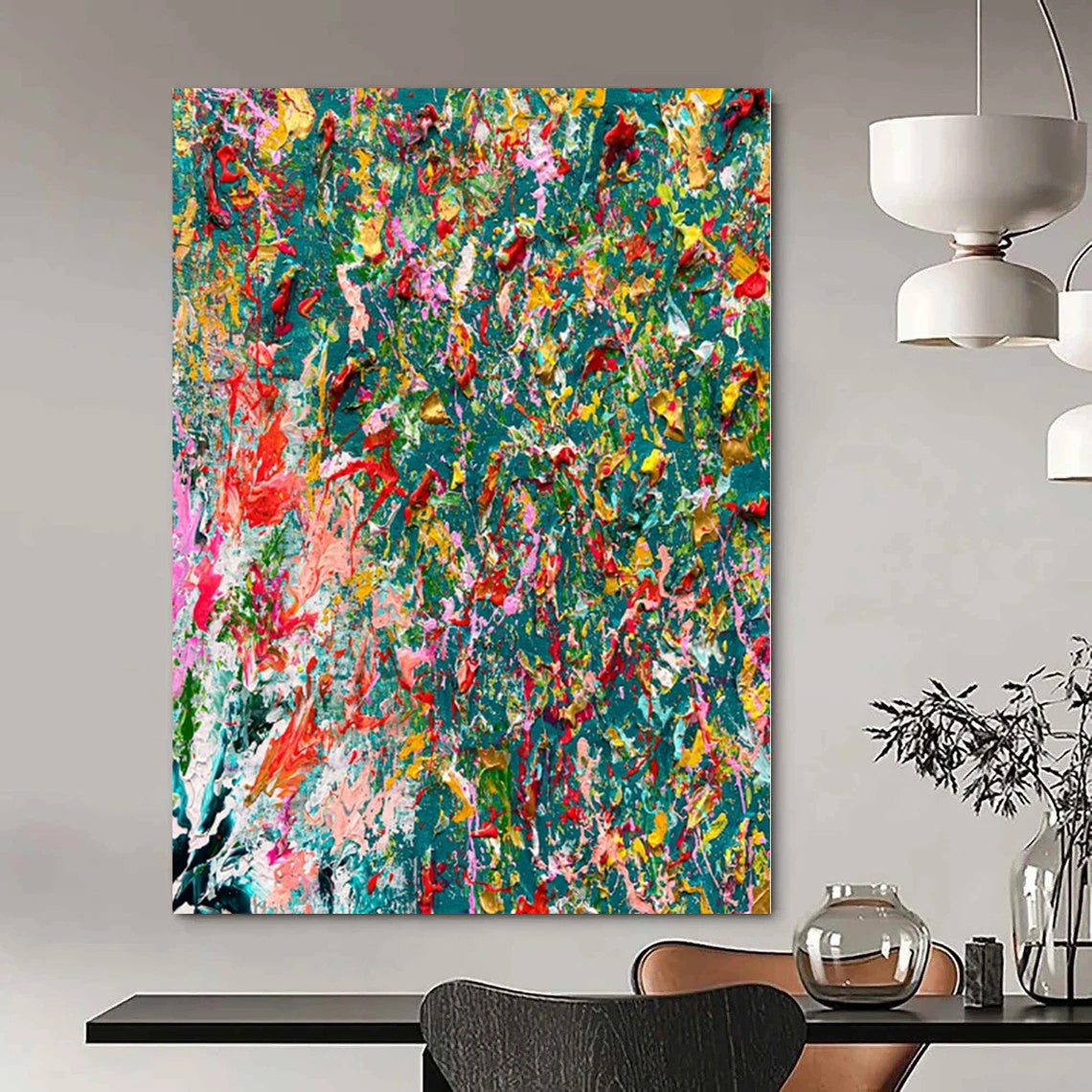 Vivid Color Splash on Teal - Abstract Expressionist Painting CT1220