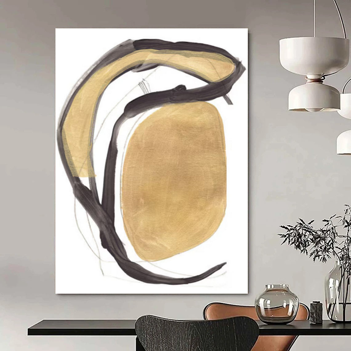 “Gold & Black Curves” - Gold, Black Abstract Painting On Canvas DTP223