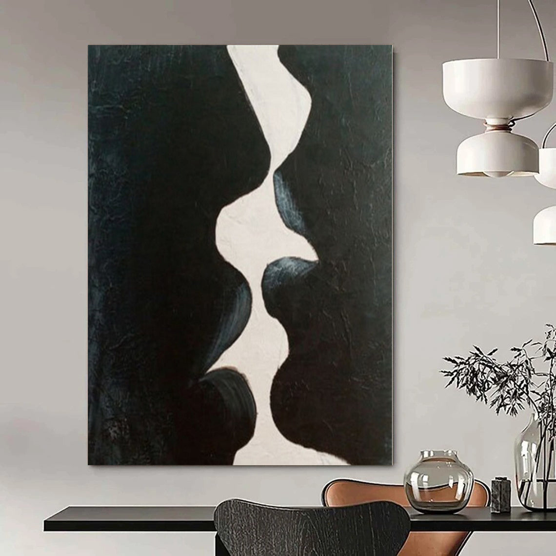 “Black - White Abstract Kiss” – Minimalist Figurative Painting CT1199