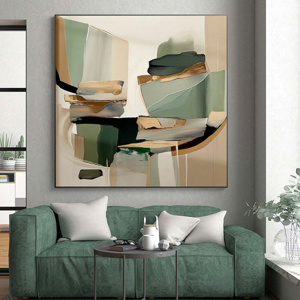 Green, Beige & Gold Geometric Forms, “Elegant Abstraction” - Mixed - Media Abstract Painting CT0764