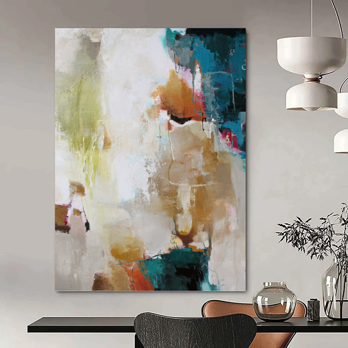 “Colorful Abstract Harmony” - Green, Blue, Gold, Pink & White Vibrant Painting On Canvas DKH1019