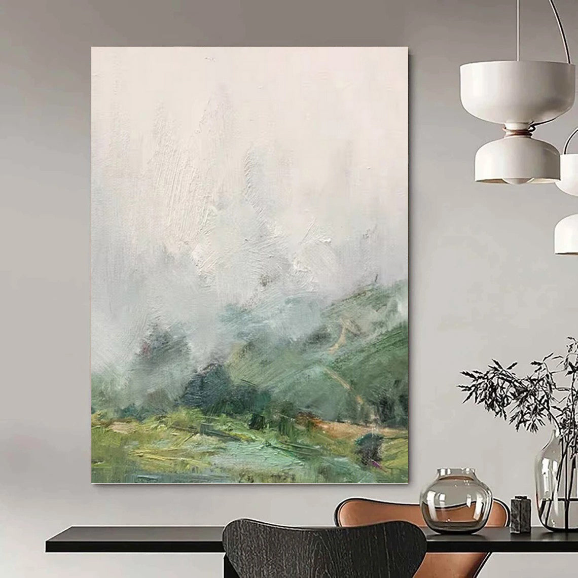 “Misty Valley” - Green, Gray & White Impressionistic Landscape Painting On Canvas DKH1541