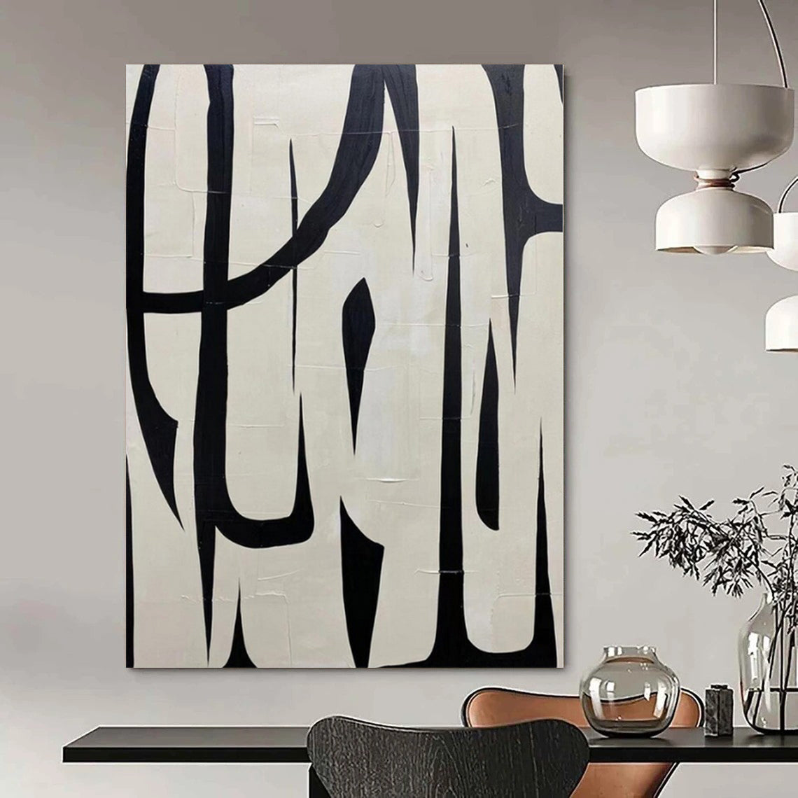 “Black - White Bold Linear Forms” – Graphic Abstract Painting CT1133