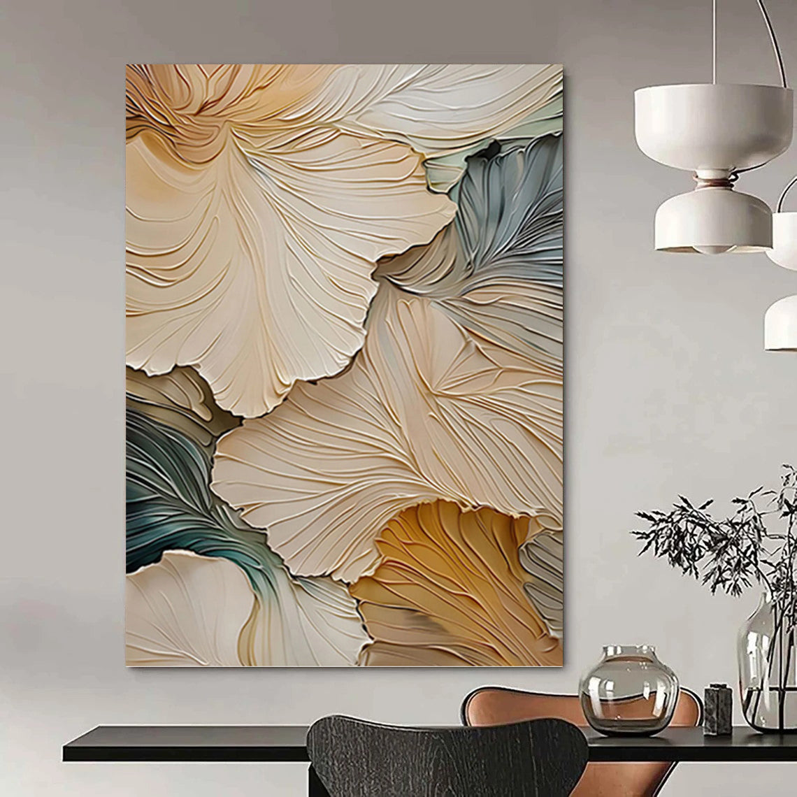 3D Floral Petals in Beige and Blue - Textured Floral Painting On Canvas DKH1385