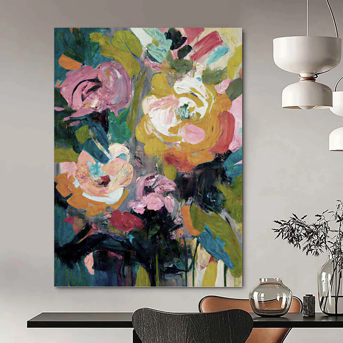 Colorful Floral Bouquet in Green Vase - Bold Flower Painting On Canvas DKH1355