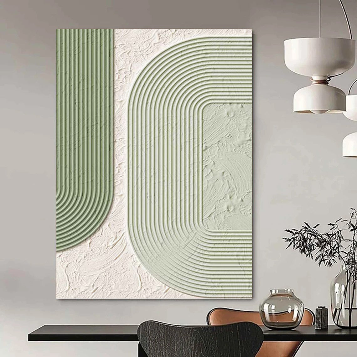 Geometric Green and White Textured Abstract - Abstract Painting On Canvas DKH1493