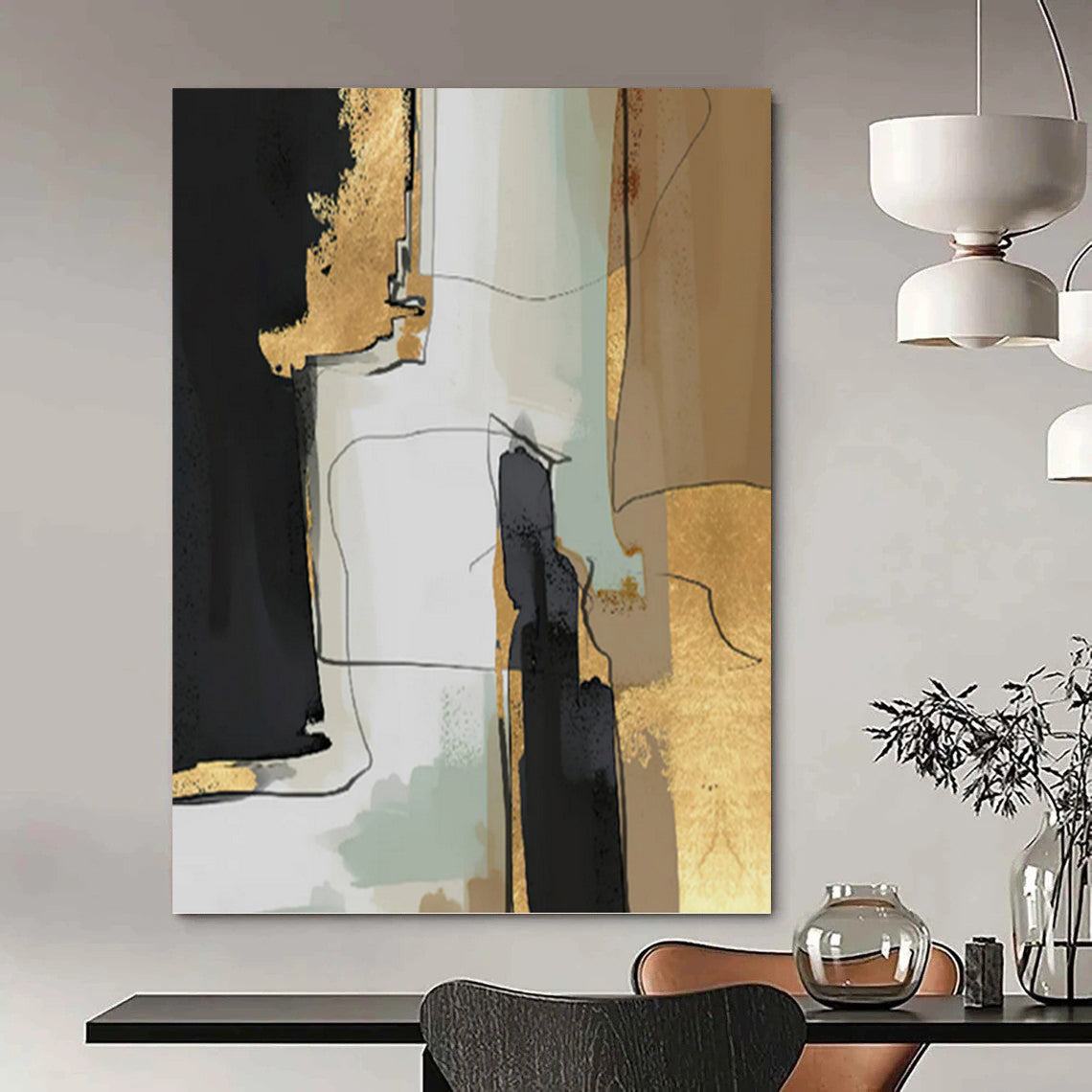 “Gilded Urbanity” - Black, Gold, Beige & Green Abstract Cityscape - Inspired Painting On Canvas DKH1524