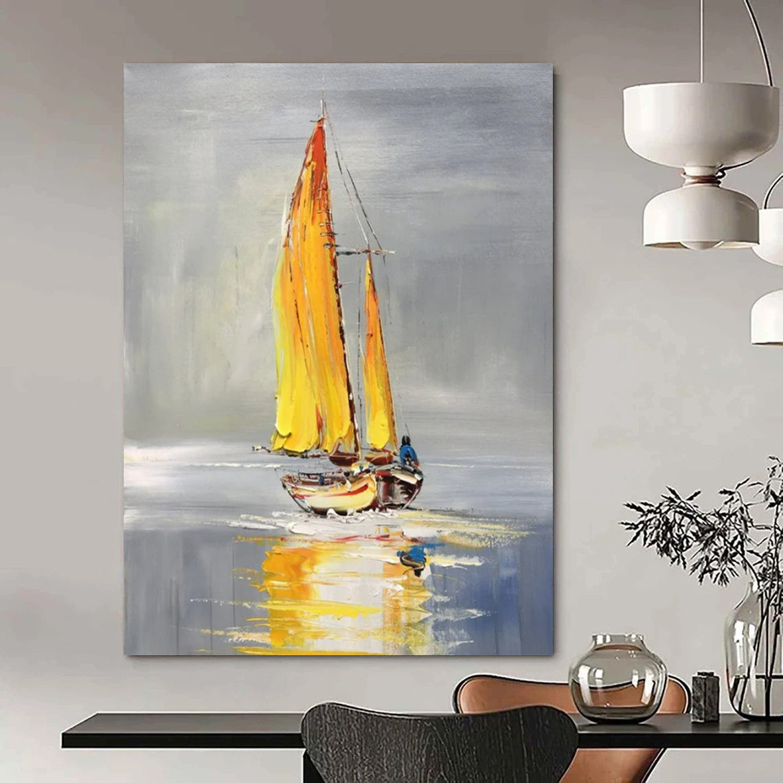 “Yellow - Sailed Boat” - Gray & Yellow Sailboat Painting On Canvas CT2198