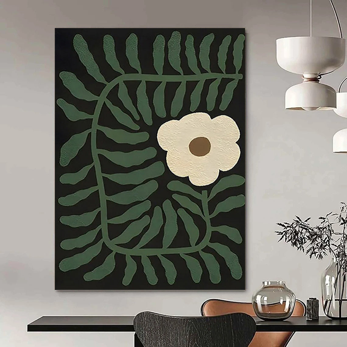 “Green - Leafed and White - Flowered Abstract” - Nature - Inspired Painting On Canvas DKH1115