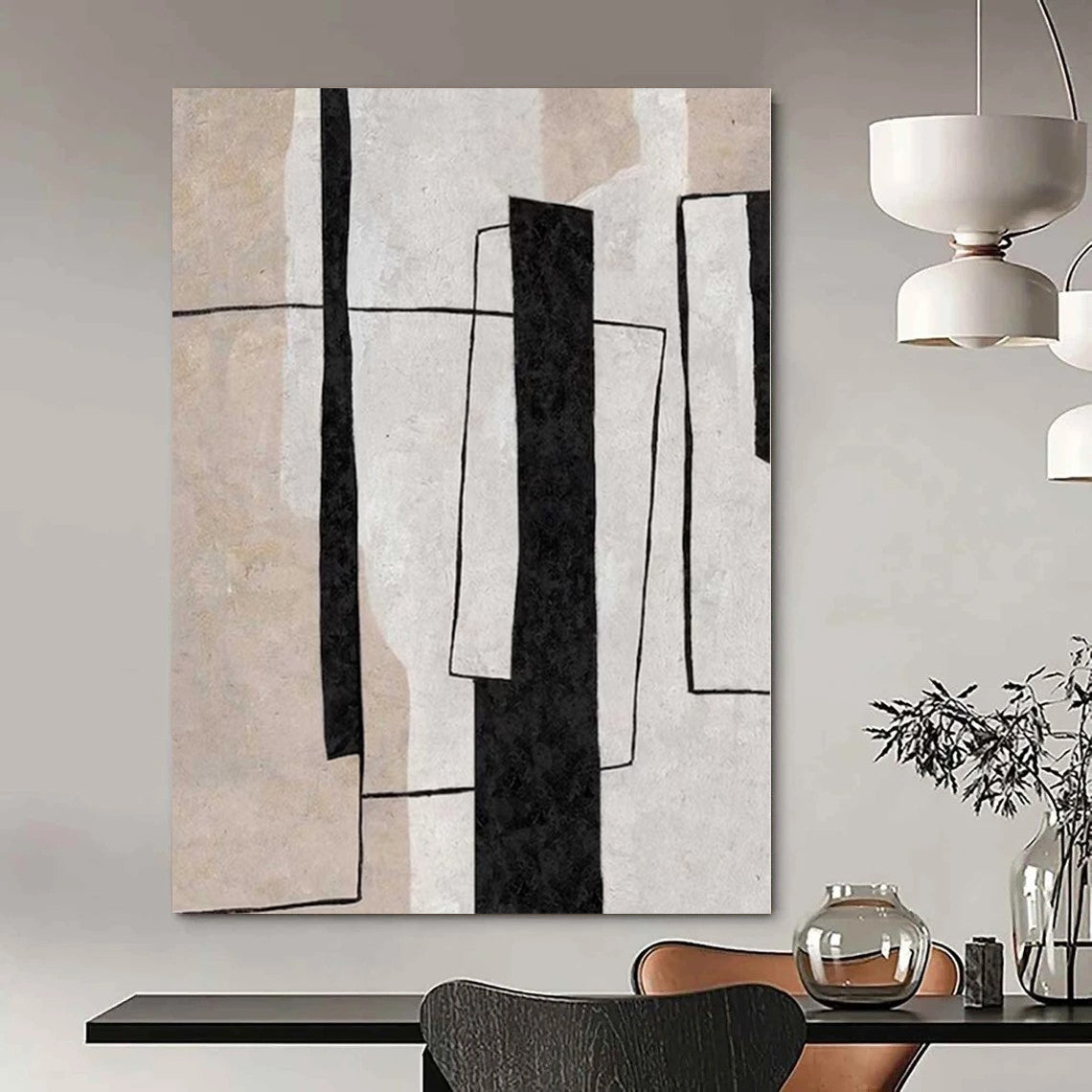 “Black - White - Beige Geometric Layers” – Geometric Abstract Painting CT1159