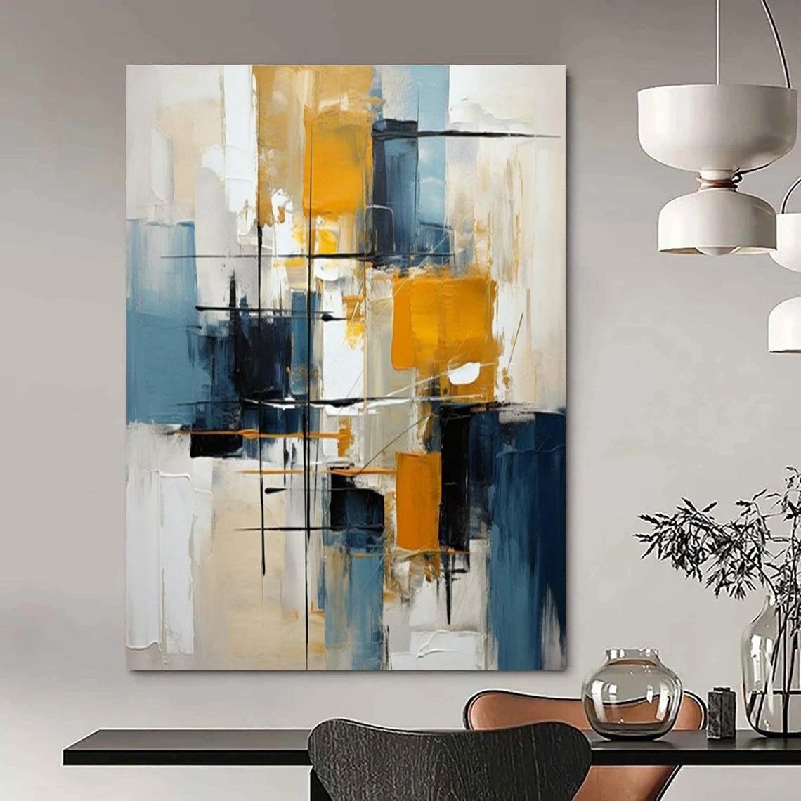 Vibrant Yellows, Blues & Neutrals, Dynamic Lines - "Urban Rhythm" - Abstract Oil Painting CT1435