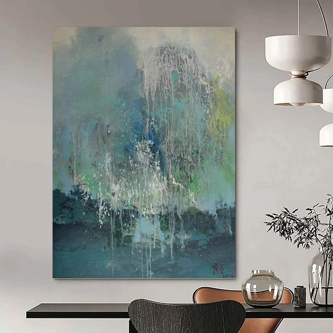 “Colorful Dripping Abstract” - Blue, Green, White & Gray Dripping Abstract Painting On Canvas DKH1199