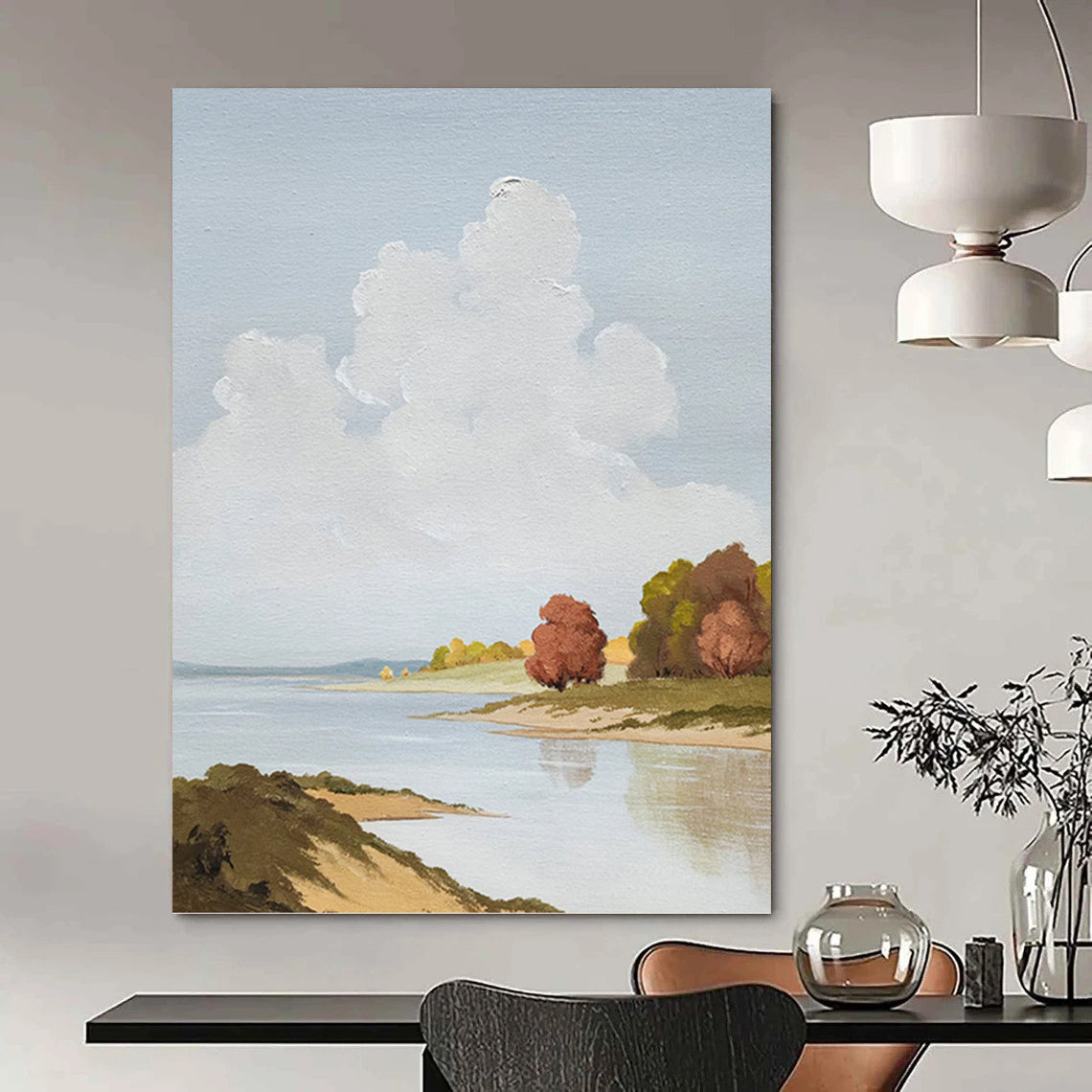 Serene Riverbank in Soft Blues and Greens - Landscape Painting On Canvas DKH1436