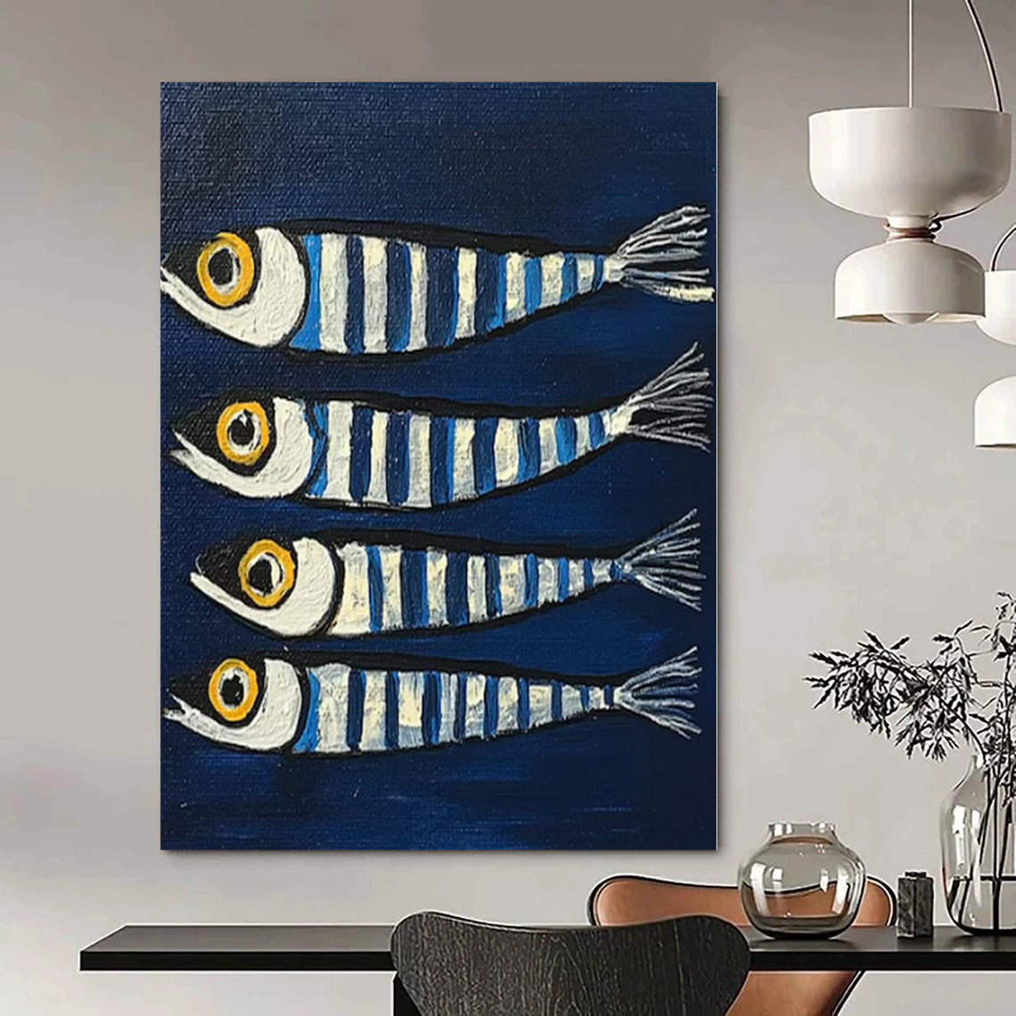 “Striped Fish on Blue” – Naive Art Painting CT1189
