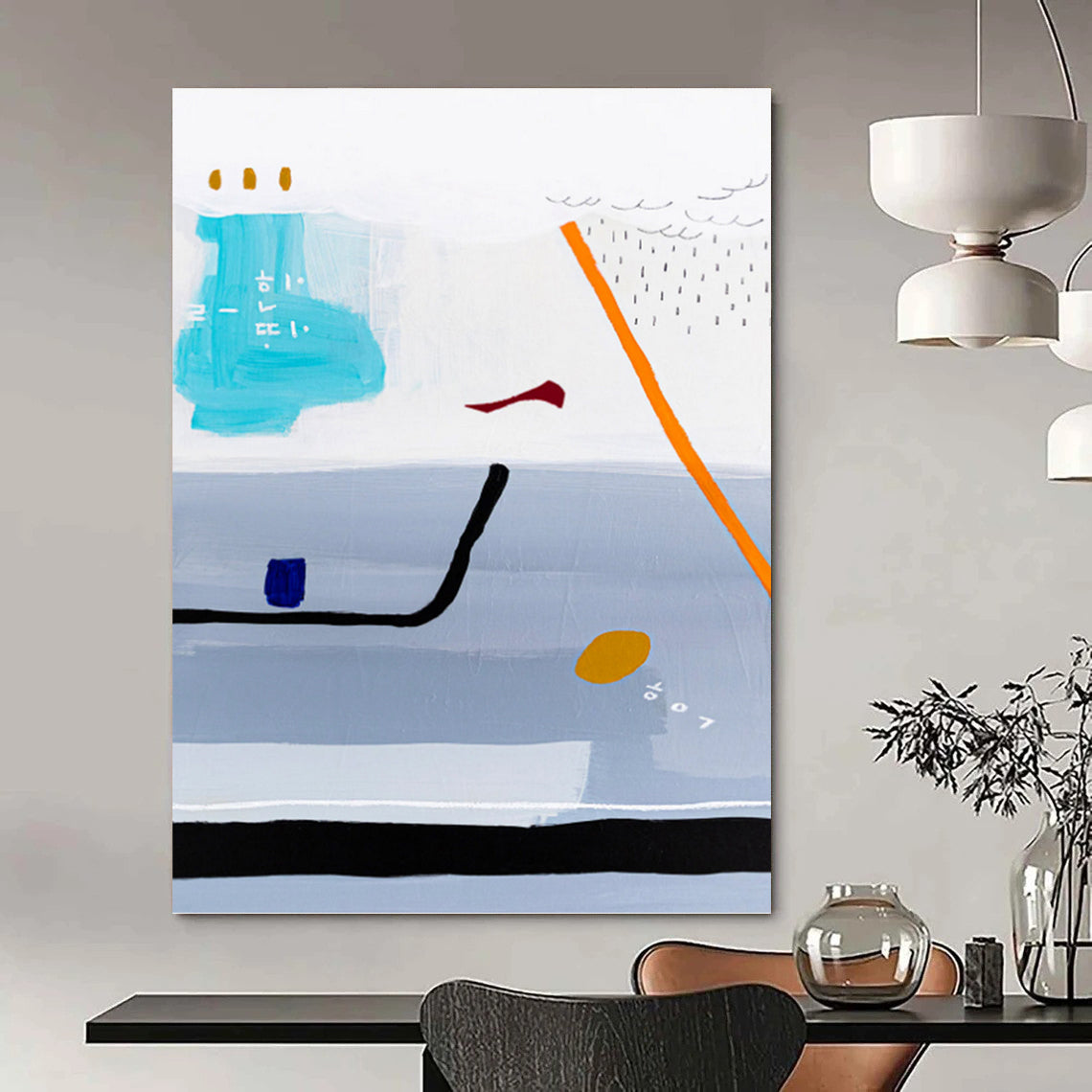 “Light Blue and Gray Abstract with Orange and Red Details” - Playful Abstract Painting On Canvas DKH1098