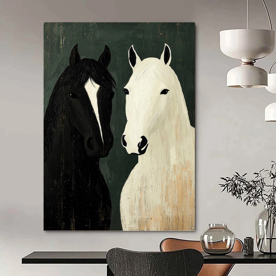 “Two Horses Portrait” - Black, White & Green Folk - Art - Style Painting On Canvas DKH1003