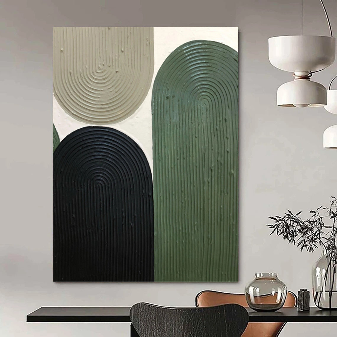 “Nature's Arches” - Beige, Black & Green Ribbed Shapes Painting On Canvas DKH1167