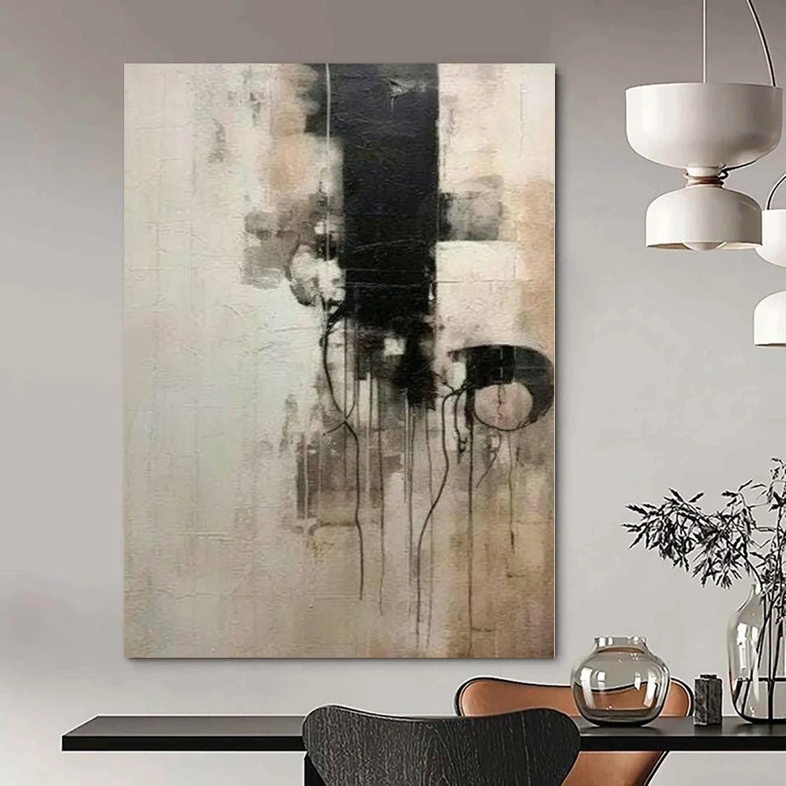 Black and White Dripping Shapes - Abstract Oil Painting CT1214