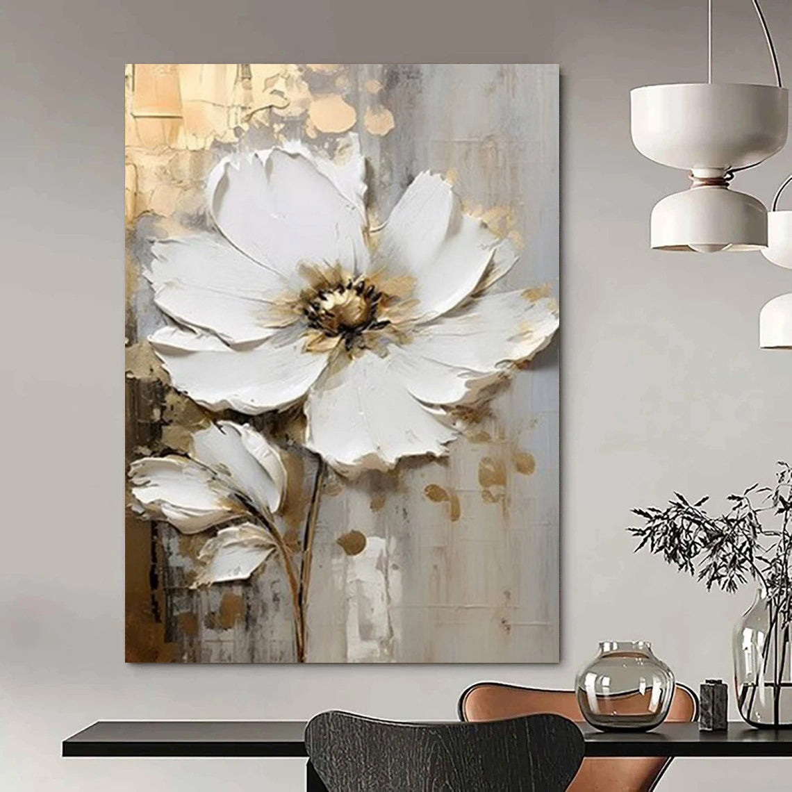 “Textured White Floral” - White, Gold, Gray 3D Flower Painting On Canvas DTP300