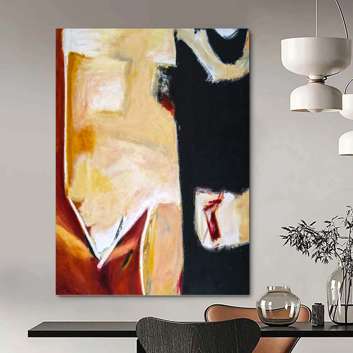 “Warm Tones & Black Abstract Forms” - Expressive Abstract Painting On Canvas DKH1090