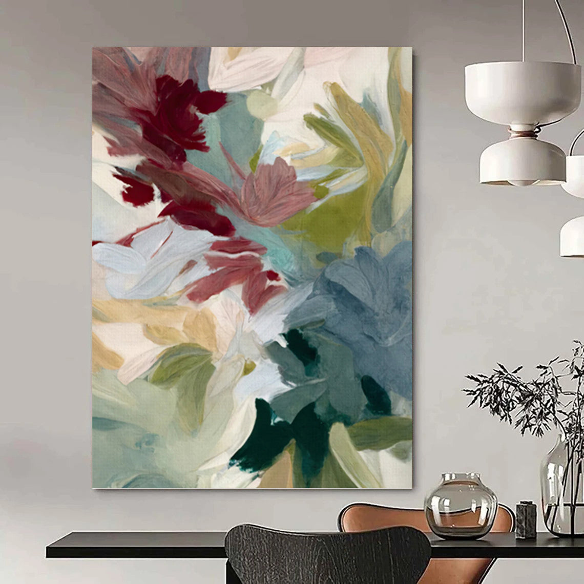 Mauve, Teal, and Green Floral Abstract - Contemporary Flower Painting On Canvas DKH1351