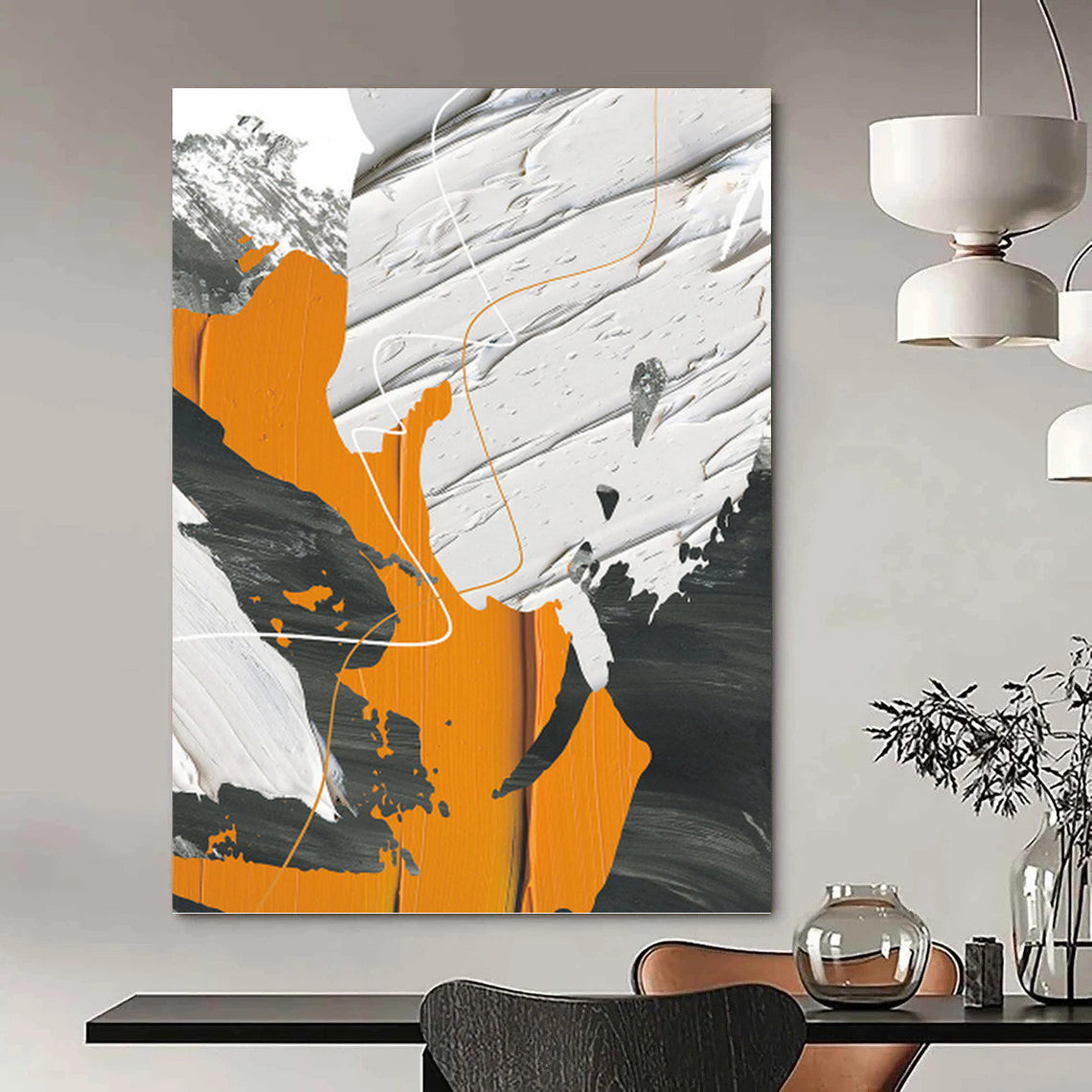 “Dynamic Forms” - Orange, White, Gray & Black Abstract Lines Painting On Canvas DKH1528