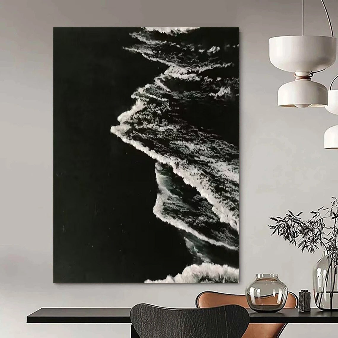 “Black, White Textured Waves ‘Nocturnal Tide’” - Impasto Monochrome Sea Painting On Canvas DTP349